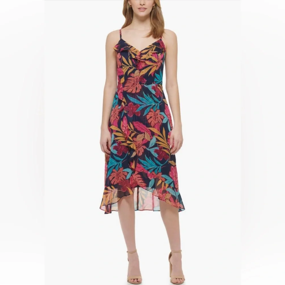 $118 Kensie Tropical Print Shimmery Ruffle Chiffon midi dress, floral. Size 10. - Picture 3 of 16